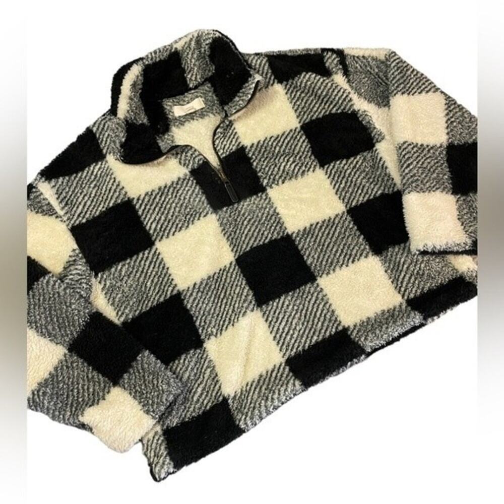 THREAD + SUPPLY Sherpa Pullover Black & White Buffalo Plaid Size Large EUC - Picture 1 of 6
